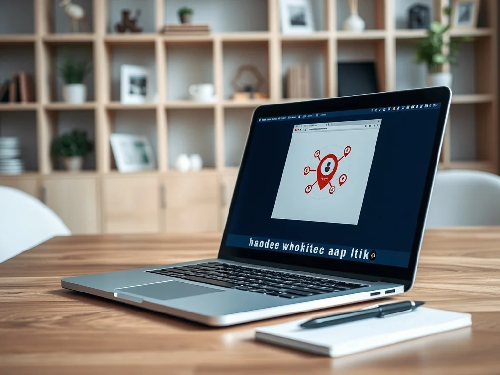 Laptop z ikonami połączonych linków na biurku, symbolizujący praktyczny proces link buildingu w marketingu SEO.