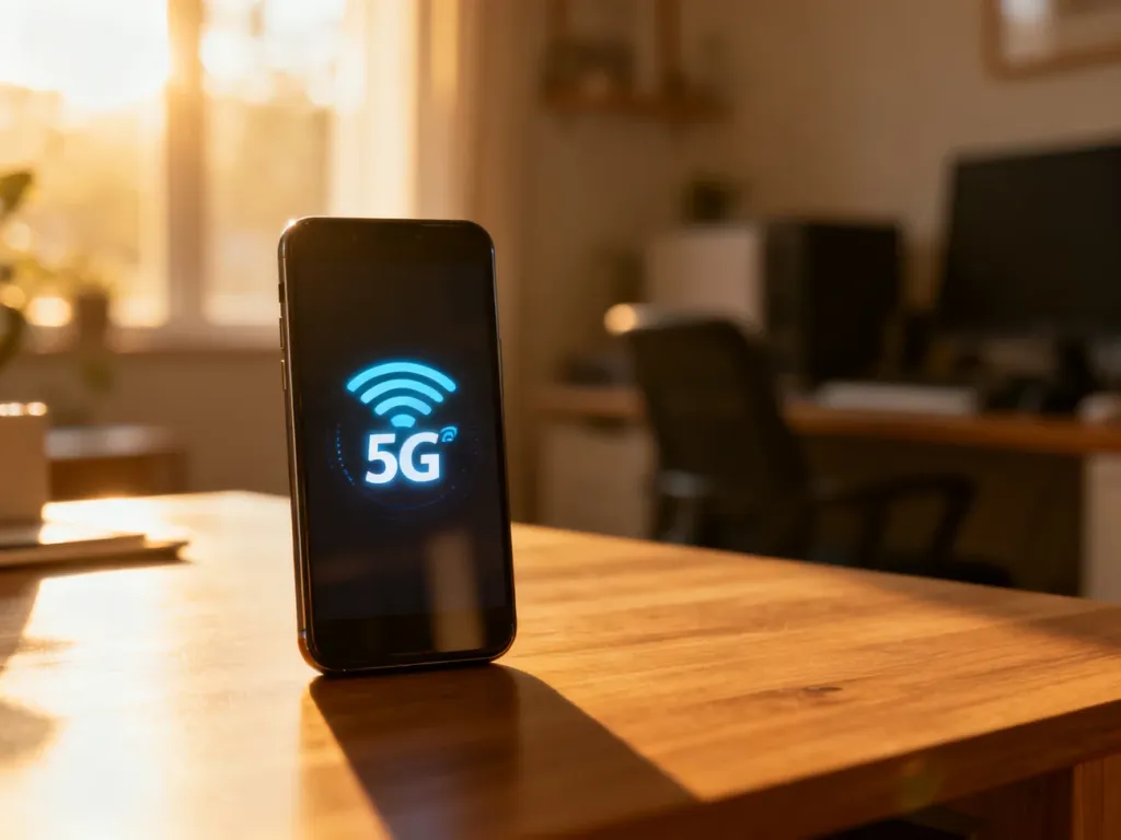 Nowoczesny smartfon z ikoną sieci 5G na ekranie, leżący na drewnianym biurku w domowym biurze.
