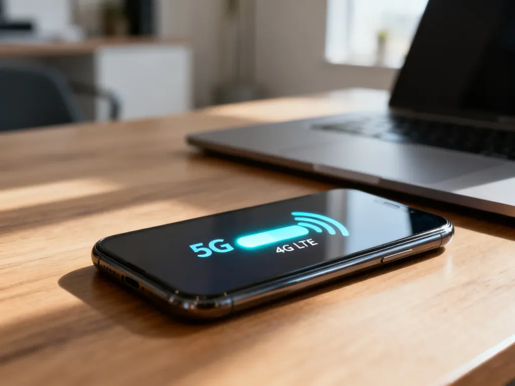Nowoczesny smartfon na biurku, na którego ekranie ikona zasięgu zmienia się z 5G na 4G LTE.