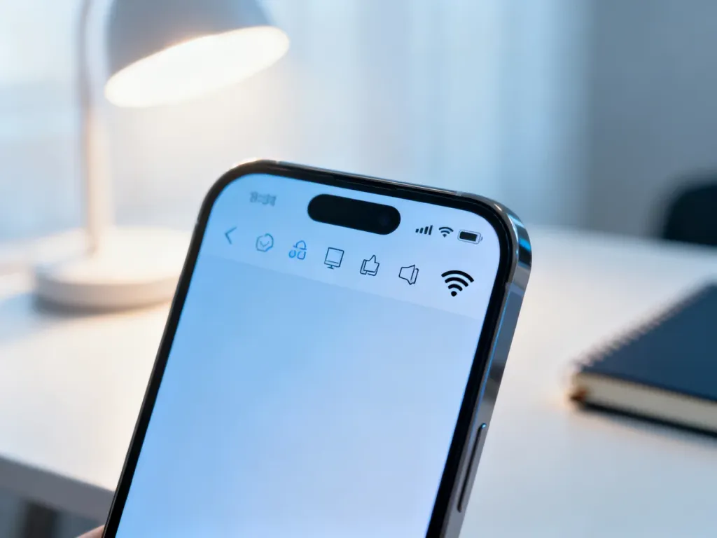 Zbliżenie na ekran smartfona z widoczną ikoną Wi-Fi na pasku stanu, umieszczone w minimalistycznym biurze.