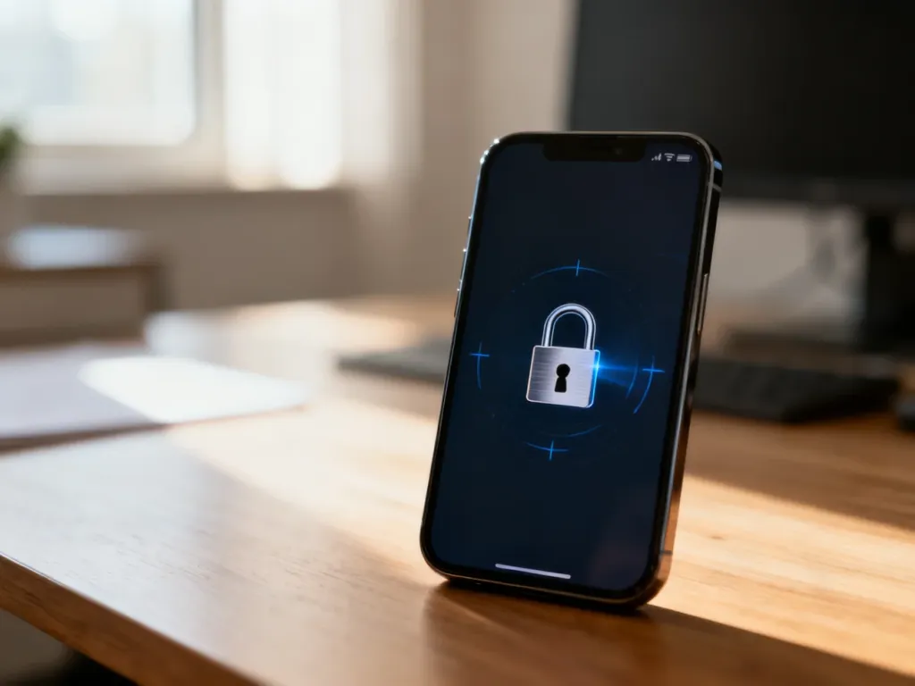Smartfon z symbolem odblokowania na ekranie, leżący na drewnianym biurku w jasnym biurze.