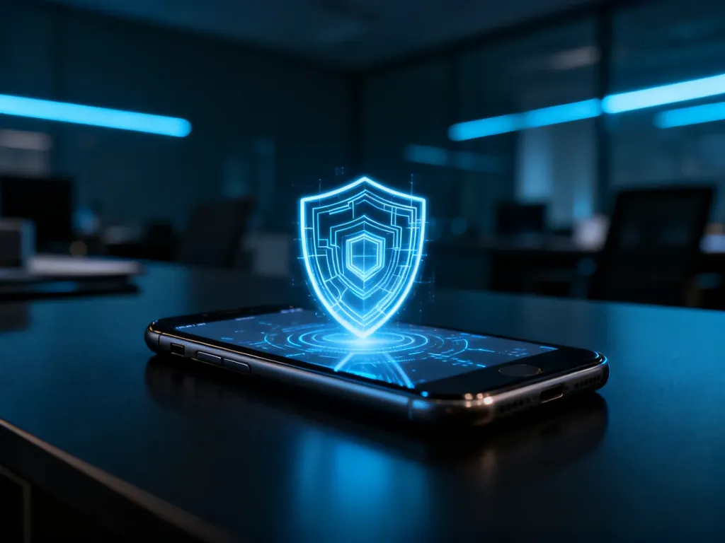 Nowoczesny smartfon z ikoną tarczy zabezpieczającej na ekranie, symbolizujący ochronę prywatności i cyberbezpieczeństwo.