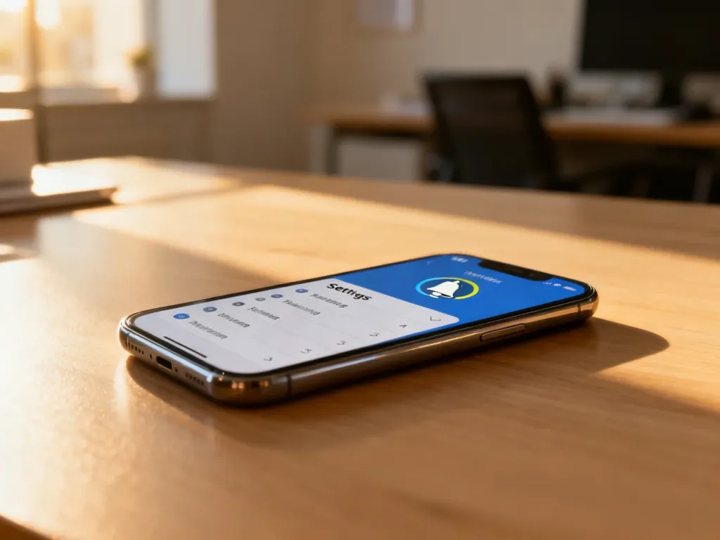 Nowoczesny smartfon na biurku z otwartym menu ustawień, wskazujący opcję konfiguracji powiadomień.