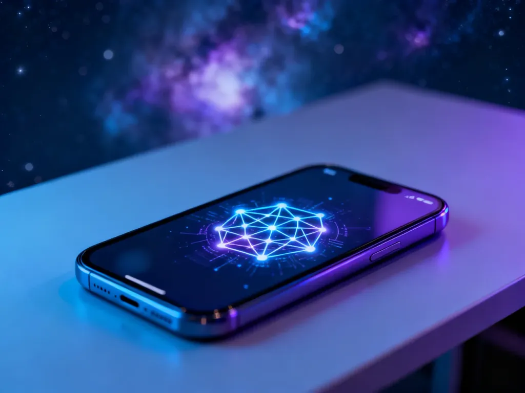 Nowoczesny smartfon z wyświetloną ikoną sieci neuronowej na tle kosmicznej mgławicy, symbolizujący funkcje Galaxy AI.