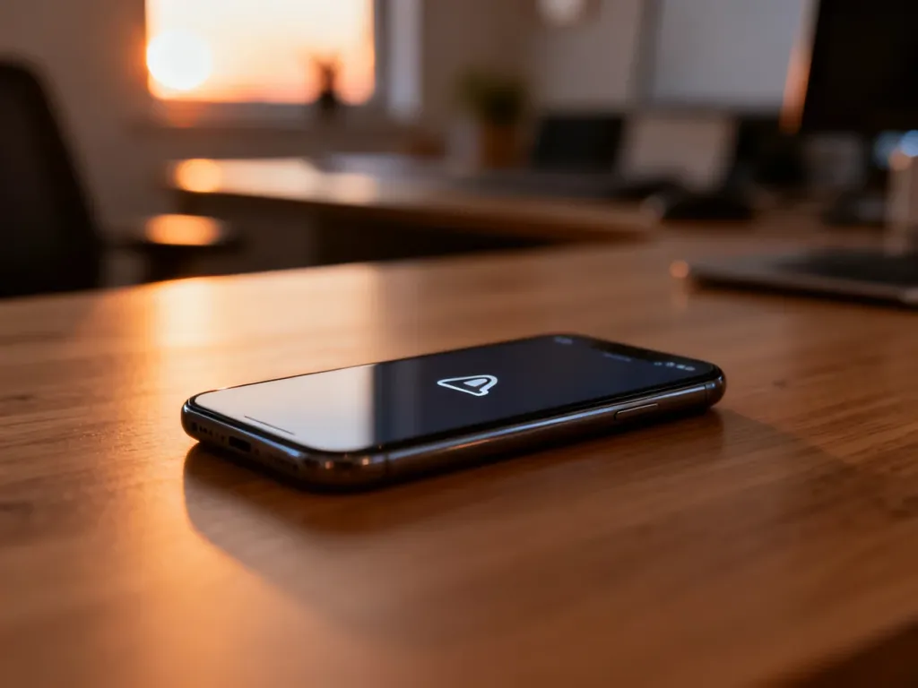 Nowoczesny smartfon leżący na biurku z powiadomieniem na zablokowanym ekranie, symbolizujący otrzymywanie wiadomości SMS.