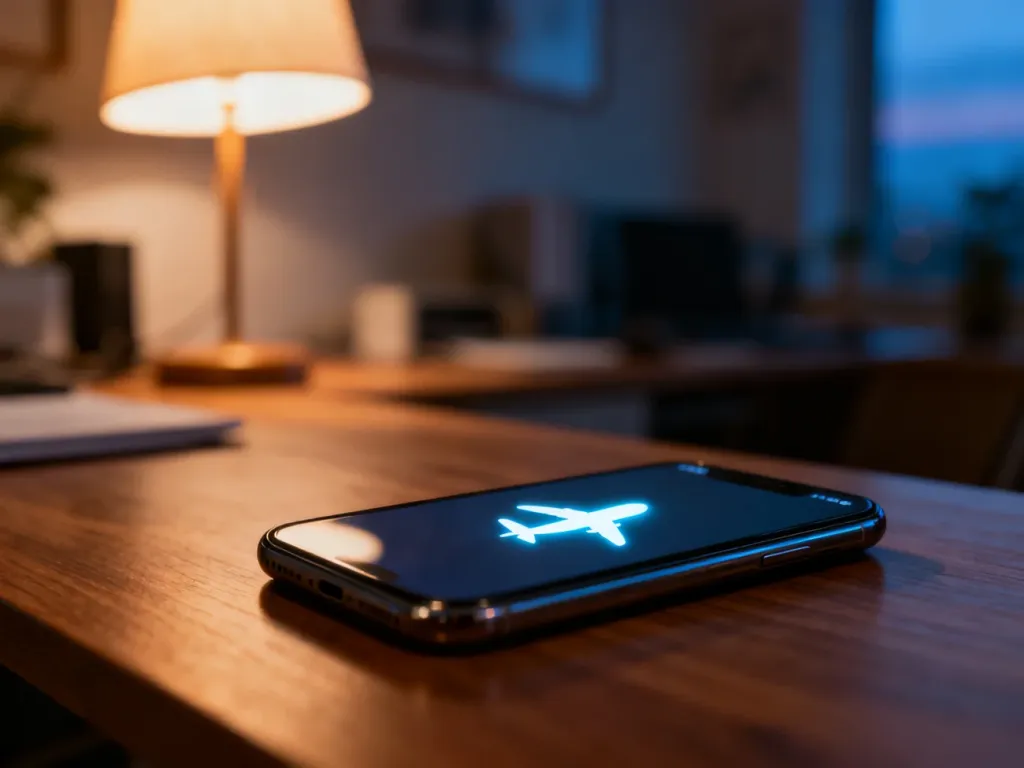 Nowoczesny smartfon na drewnianym biurku z widoczną ikoną trybu samolotowego na ekranie w przytulnym, wieczornym oświetleniu.