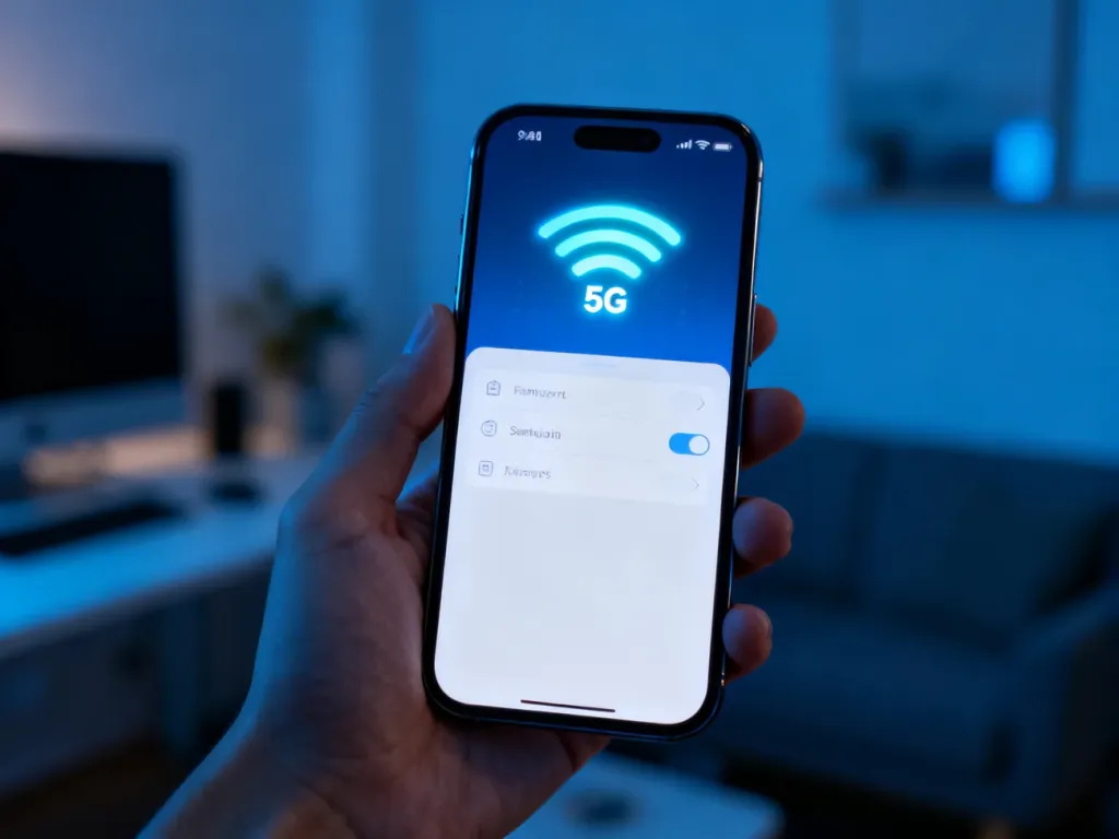 Dłoń trzymająca smartfon z widocznymi ikonami Wi-Fi i 5G na ekranie ustawień sieciowych w nowoczesnym wnętrzu.