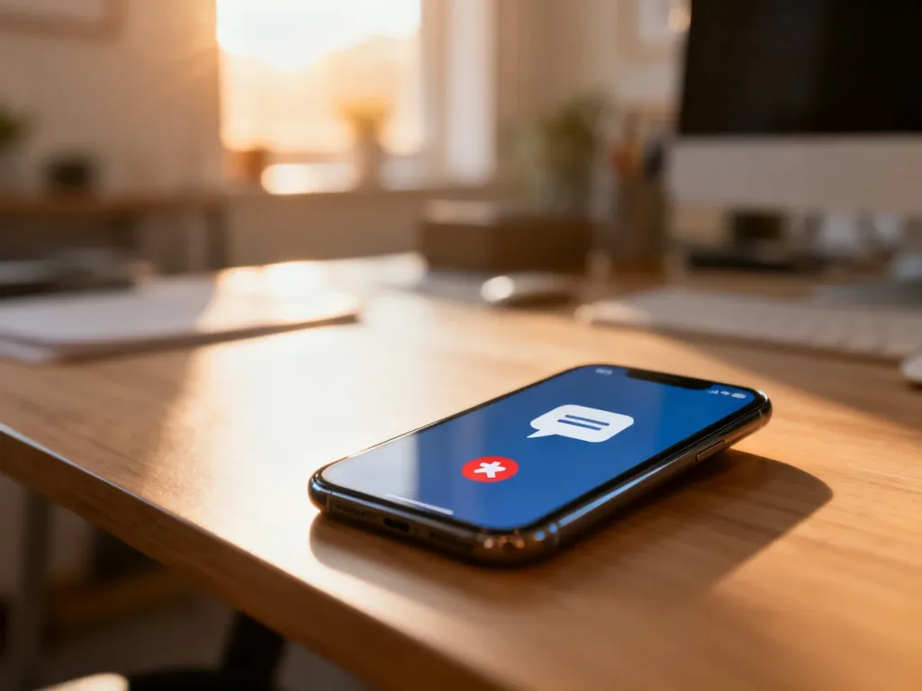 Smartfon na drewnianym biurku z ikoną powiadomienia i symbolem blokady, symbolizujący wyłączanie wiadomości od Google.