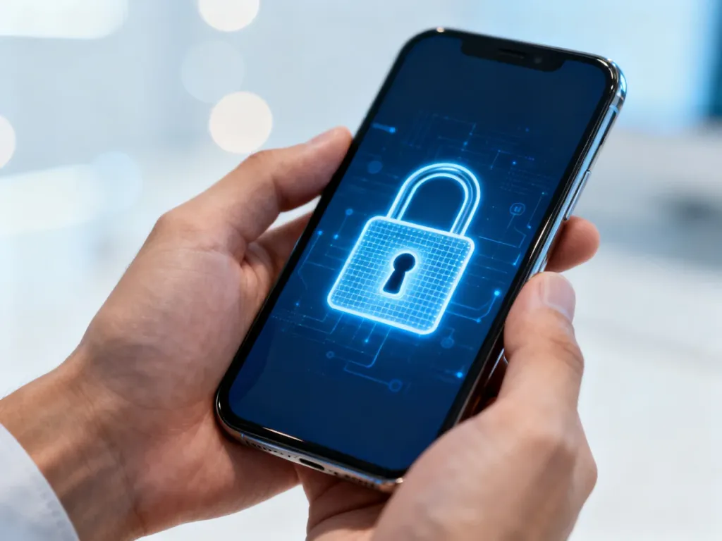 Dłonie trzymające nowoczesny smartfon z ikoną odblokowanej kłódki na ekranie, symbolizującą dostęp do urządzenia.