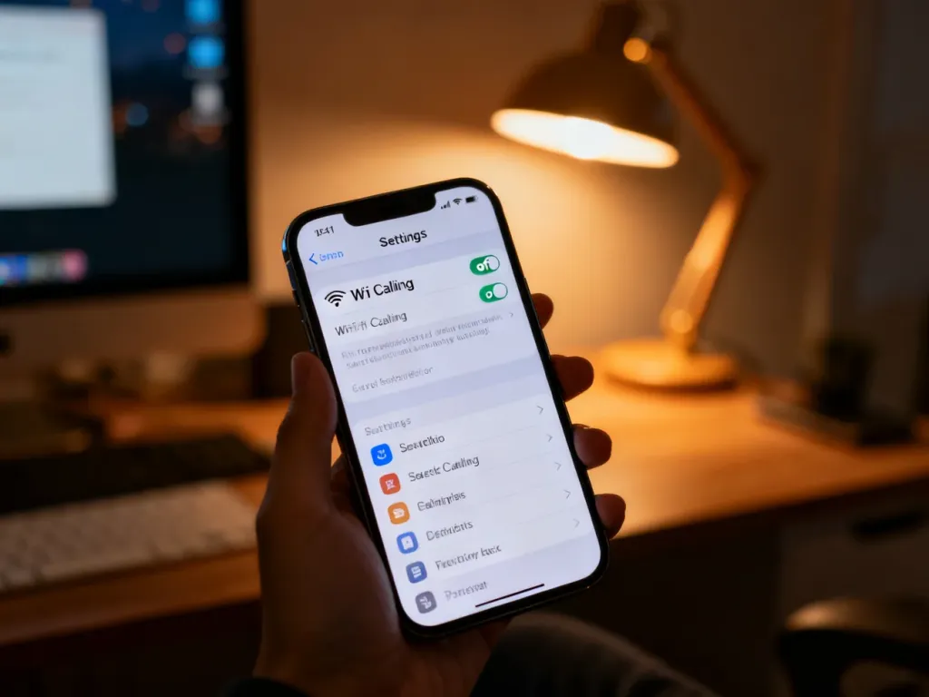Ekran smartfona z ustawieniami funkcji Wi-Fi Calling przełączonymi na pozycję wyłączoną w domowym biurze.