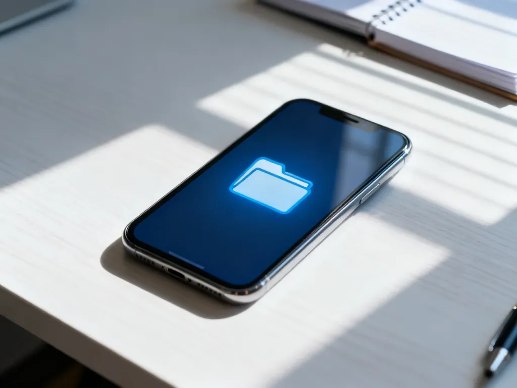 Nowoczesny smartfon z ikoną folderu na ekranie, symbolizujący zarządzanie plikami i kontaktami na urządzeniu z Androidem.