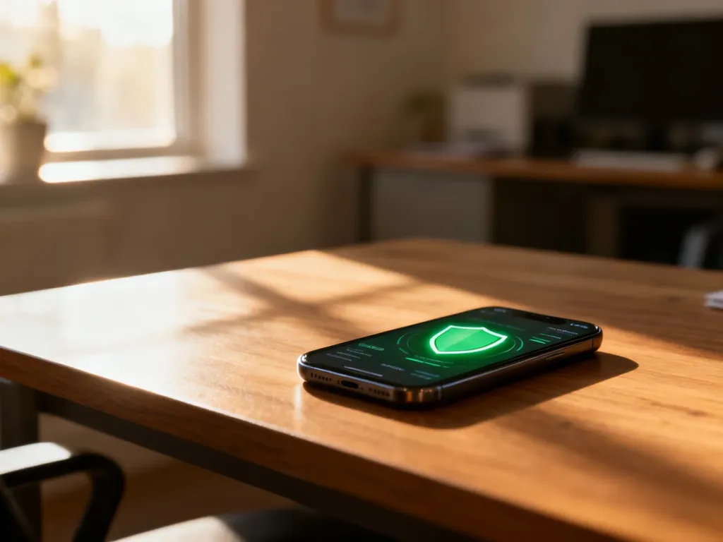 Smartfon z ikoną zielonej tarczy na ekranie, symbolizujący bezpieczne przesyłanie danych podczas korzystania z Android Switch.