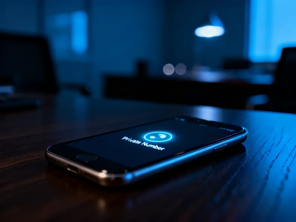 Nowoczesny smartfon na biurku z powiadomieniem o połączeniu z numeru prywatnego w przyciemnionym wnętrzu biura.