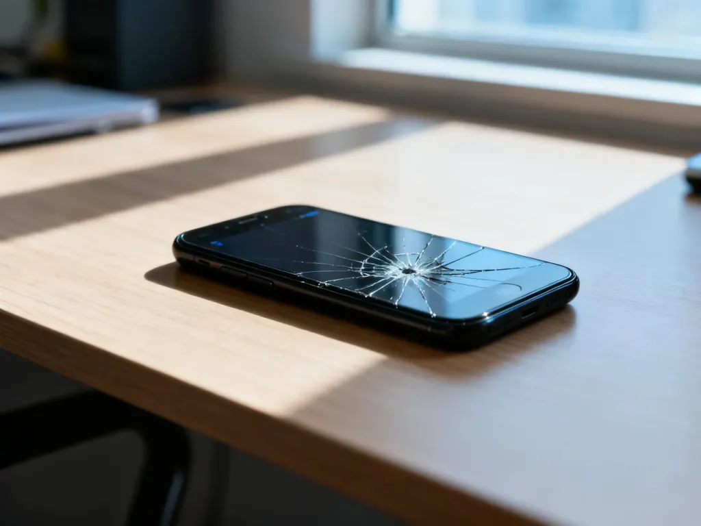 Czarny smartfon z pękniętym i niedziałającym ekranem leżący na drewnianym biurku.