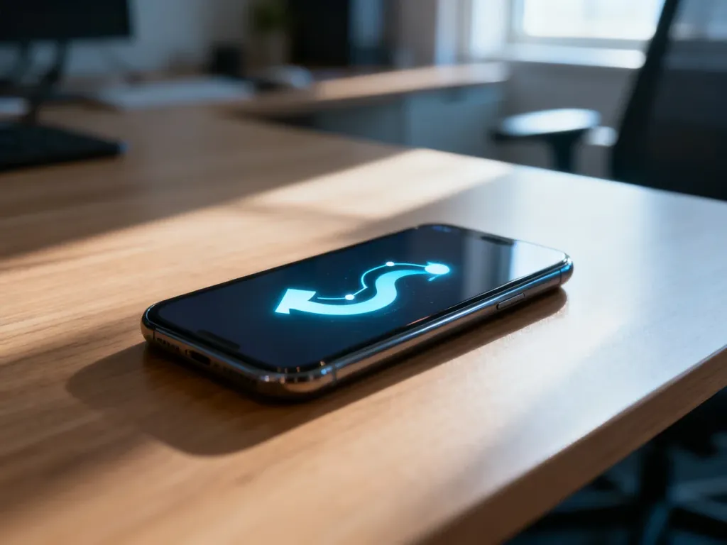 Nowoczesny smartfon z ikoną przekierowania połączeń na ekranie, leżący na drewnianym biurku w domowym biurze.