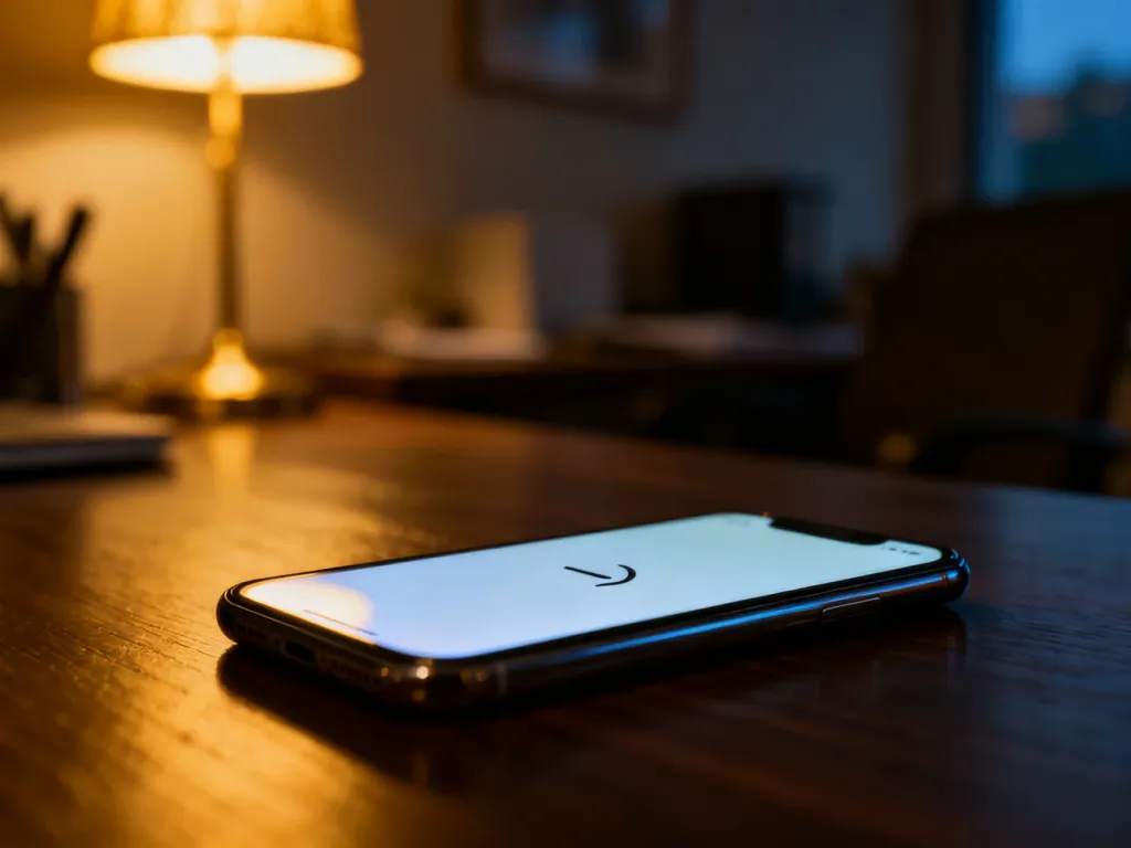 Nowoczesny smartfon z ikoną wyciszonych powiadomień na ciemnym biurku w przytulnym, wieczornym biurze.