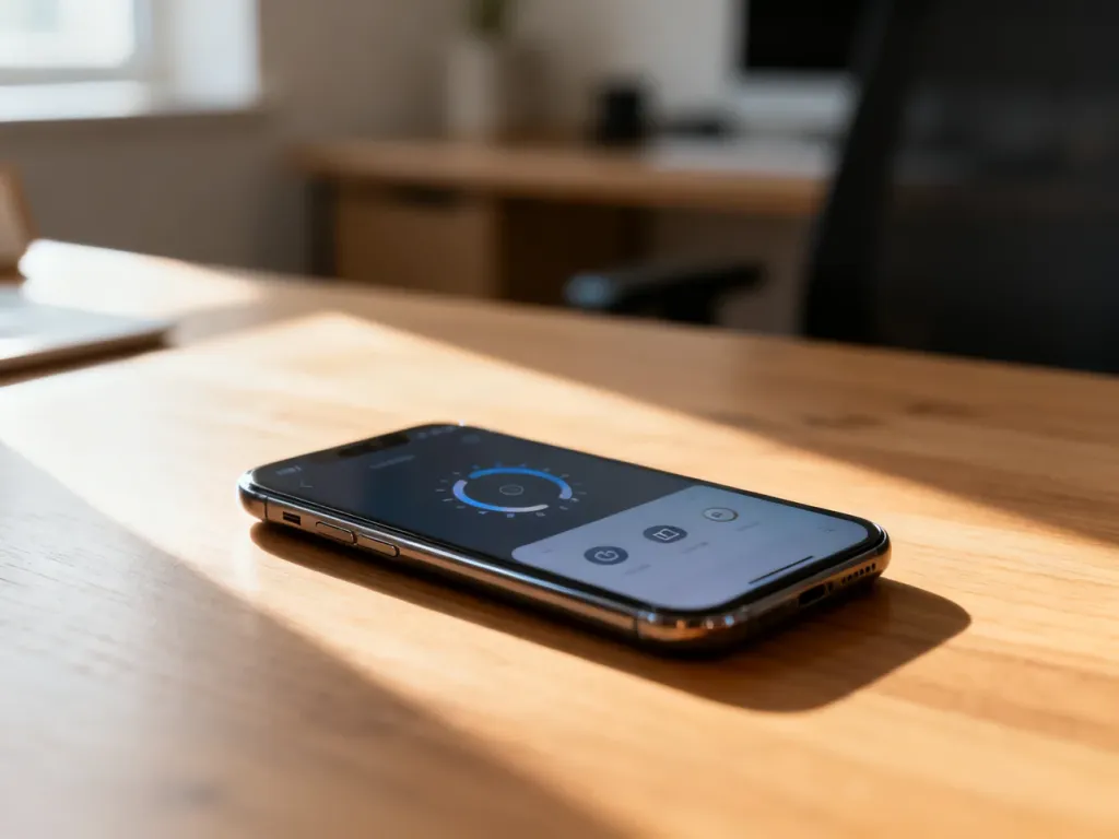 Nowoczesny smartfon z otwartym menu ustawień leżący na drewnianym biurku w minimalistycznym biurze.