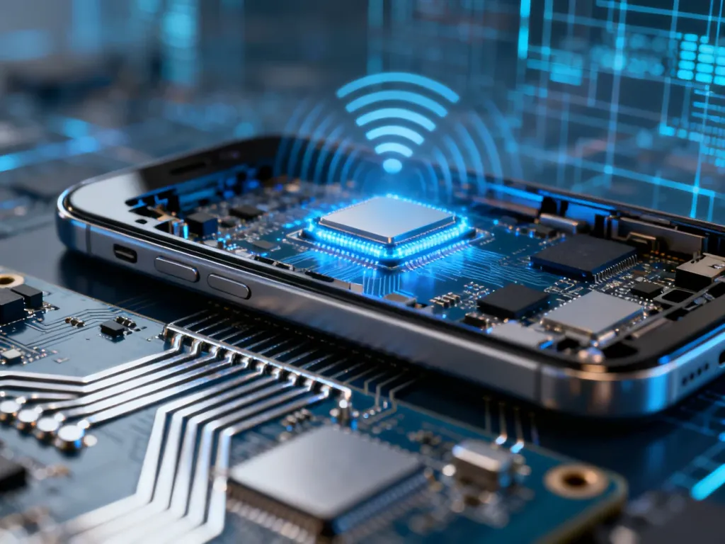 Wnętrze nowoczesnego smartfona z widocznymi mikroczipami i emitowanymi falami sygnału, ilustrujące działanie technologii UWB.