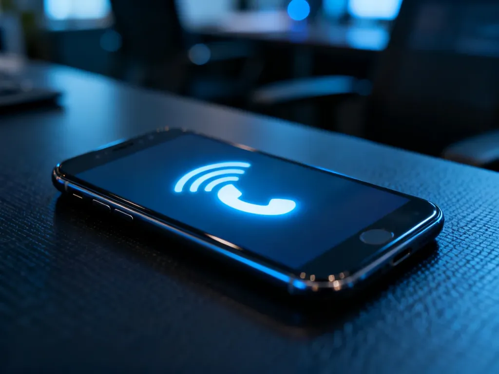 Nowoczesny smartfon na biurku z ikoną przekierowania połączeń, symbolizującą techniczne aspekty zarządzania rozmowami.