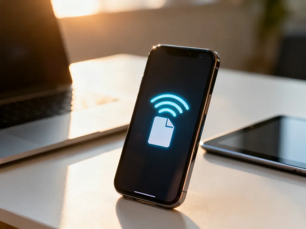 Nowoczesny smartfon z ikoną bezprzewodowego przesyłania plików na ekranie, symbolizujący szybkie udostępnianie danych.