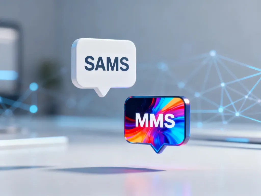 Dwie cyfrowe chmurki symbolizujące różnicę między prostym tekstem SMS a bogatym w multimedia formatem MMS.