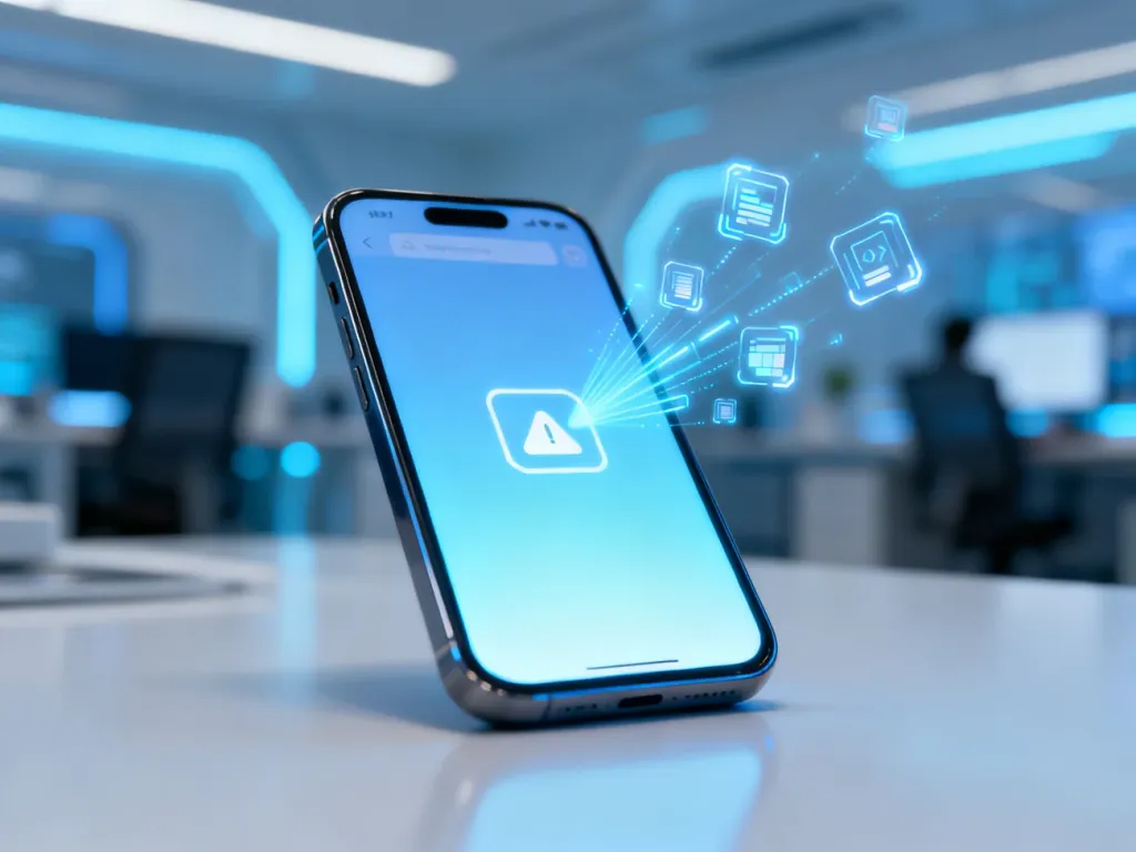 Nowoczesny smartfon z ikoną powiadomienia i cyfrowymi elementami przesyłu danych na tle futurystycznego biura.