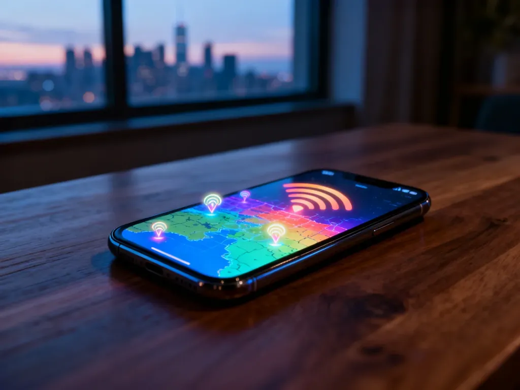 Smartfon leżący na drewnianym stole wyświetla mapę zasięgu sieci komórkowej z ikonami siły sygnału.