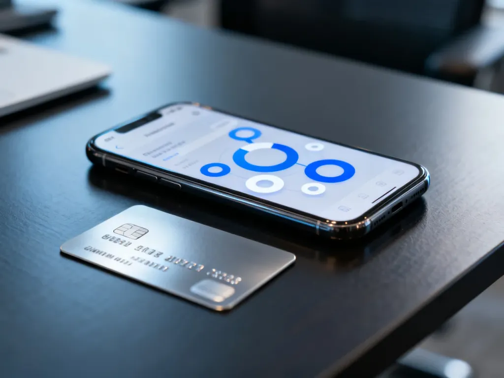 Smartfon z minimalistycznym interfejsem finansowym oraz karta płatnicza na biurku, ilustrujące proces płatności Samsung.