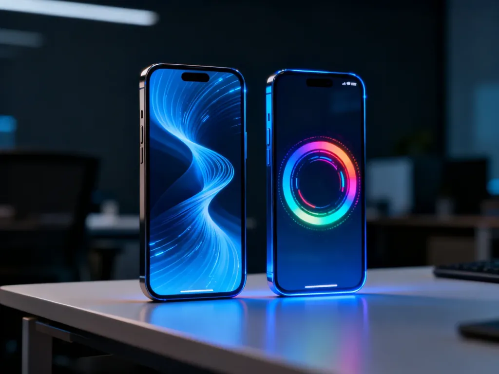 Dwa nowoczesne smartfony z interfejsami asystentów głosowych obok siebie, symbolizujące porównanie Bixby i Google Assistant.