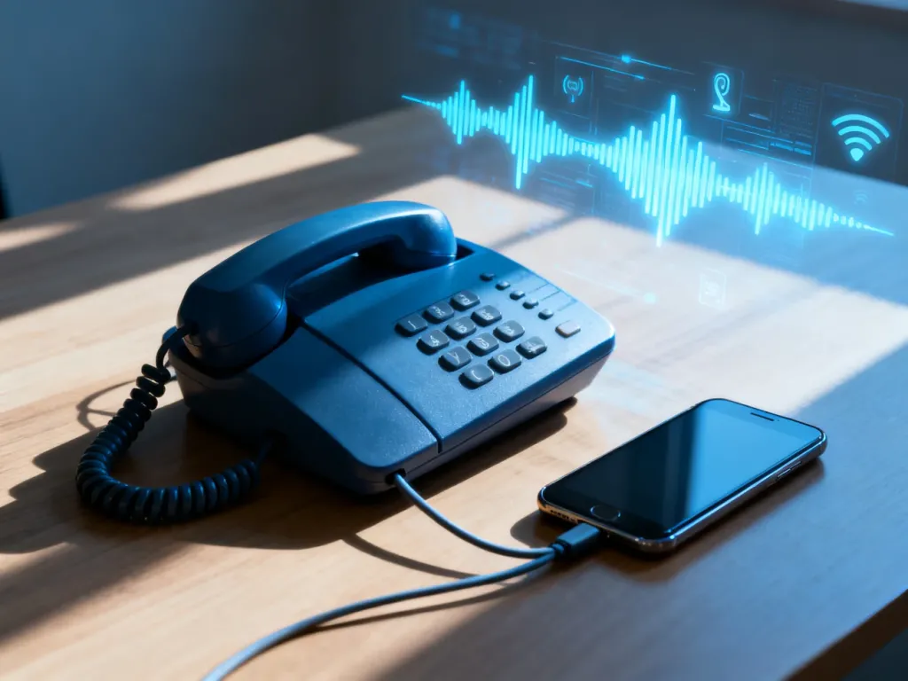 Słuchawka telefonu stacjonarnego podłączona do smartfona, symbolizująca połączenie tradycyjnej komunikacji z nowoczesną.