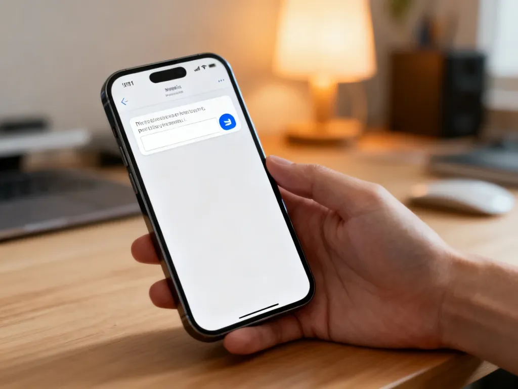Dłoń trzymająca smartfon z otwartą aplikacją do wysyłania wiadomości tekstowych na ekranie.