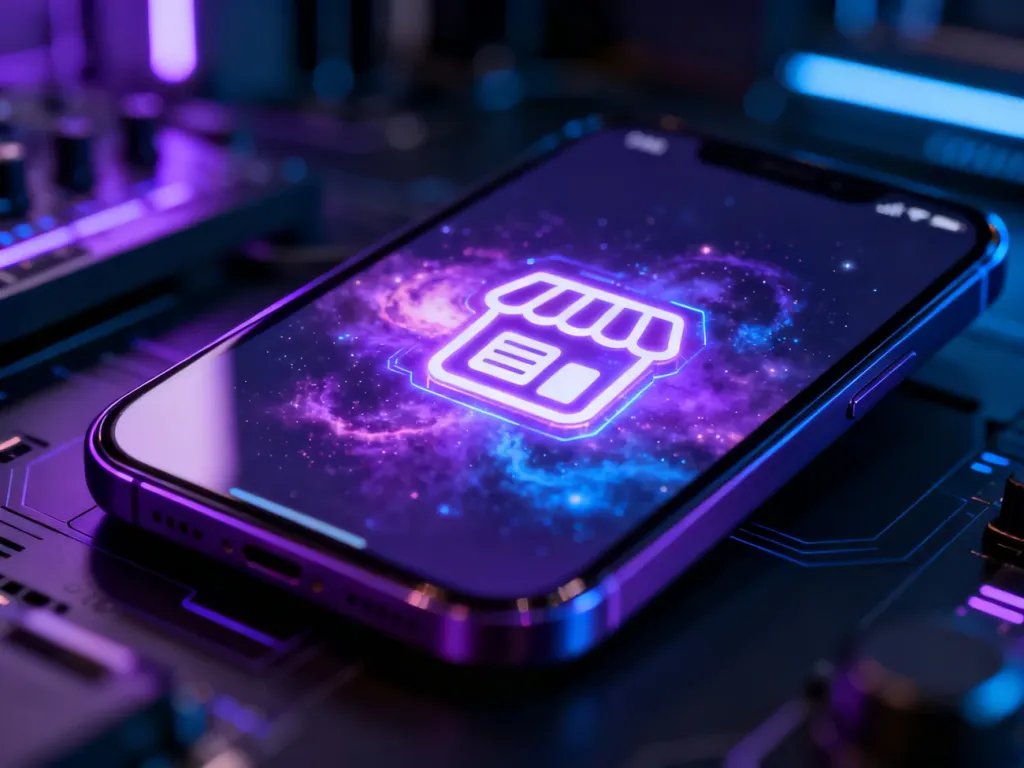 Ikona sklepu Galaxy Store na ekranie smartfona w futurystycznej, neonowej stylistyce z motywem mgławicy.