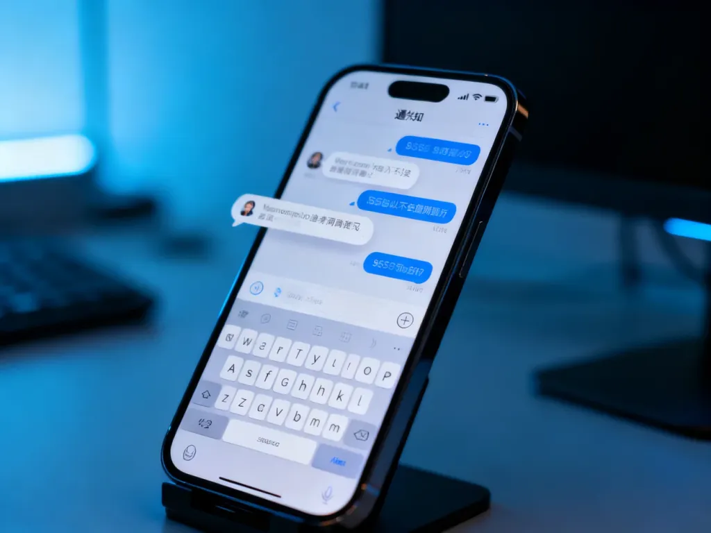 Ekran smartfona z powiadomieniami SMS, które są usuwane lub blokowane w nowoczesnym, przyciemnionym wnętrzu.