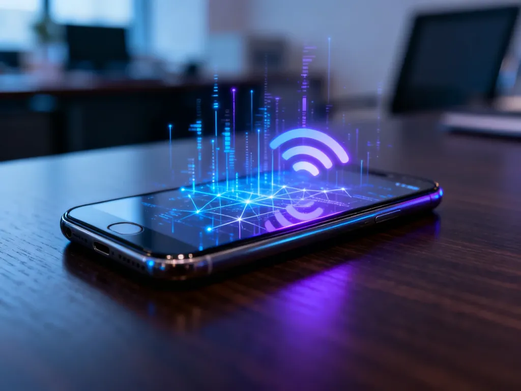 Nowoczesny smartfon na biurku z wizualizacją przesyłu danych, symbolizujący działanie sieci komórkowych GPRS i MMS.