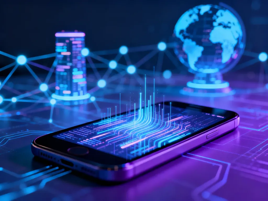Nowoczesny smartfon z wizualizacją przesyłu danych, symbolizujący ewolucję technologii sieciowych od 4G do 5G.