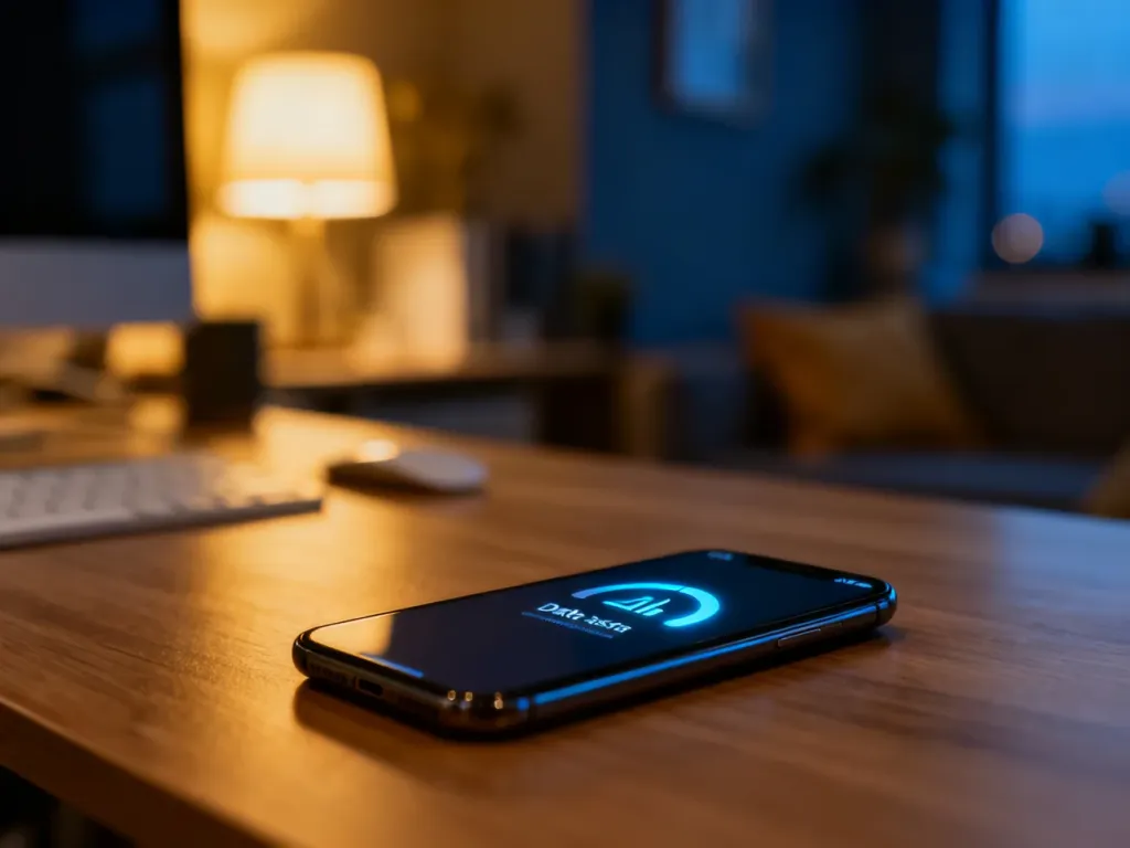Smartfon leżący na biurku z ikoną zużycia danych na ekranie, ilustrujący monitorowanie limitu internetu.