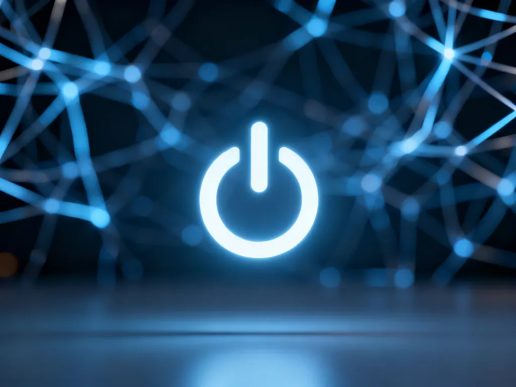Świecący przycisk zasilania na tle cyfrowej sieci neuronowej, symbolizujący kontrolę nad technologią AI.