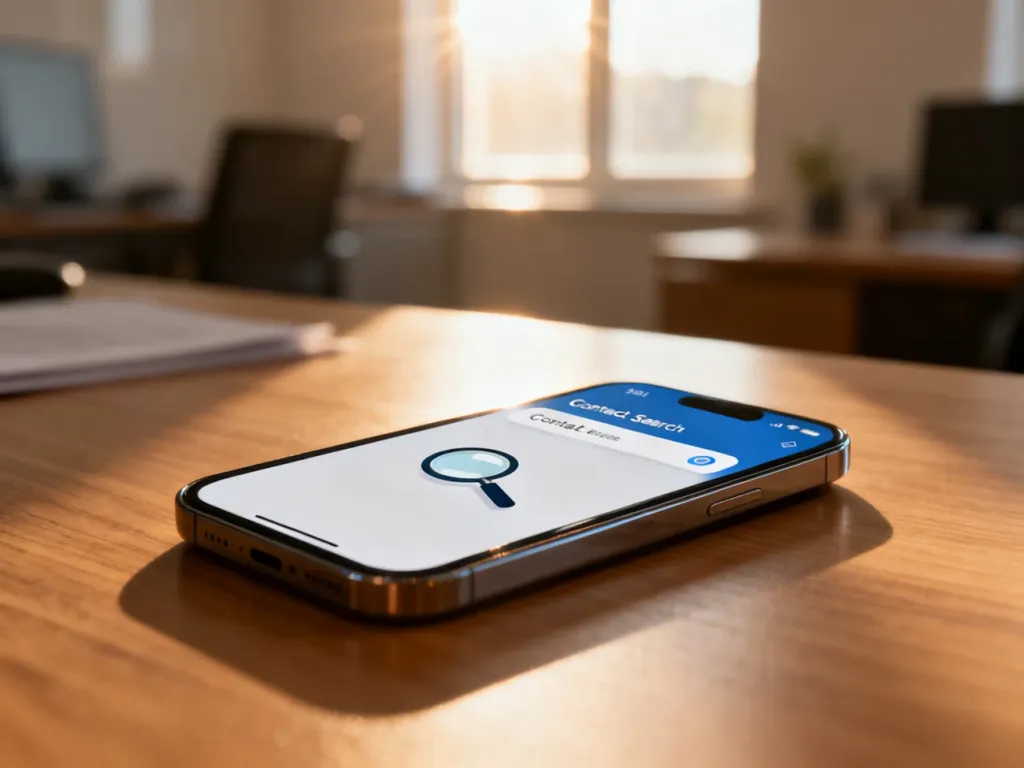 Nowoczesny smartfon z otwartą wyszukiwarką kontaktów na drewnianym biurku, gotowy do sprawdzenia numeru telefonu.