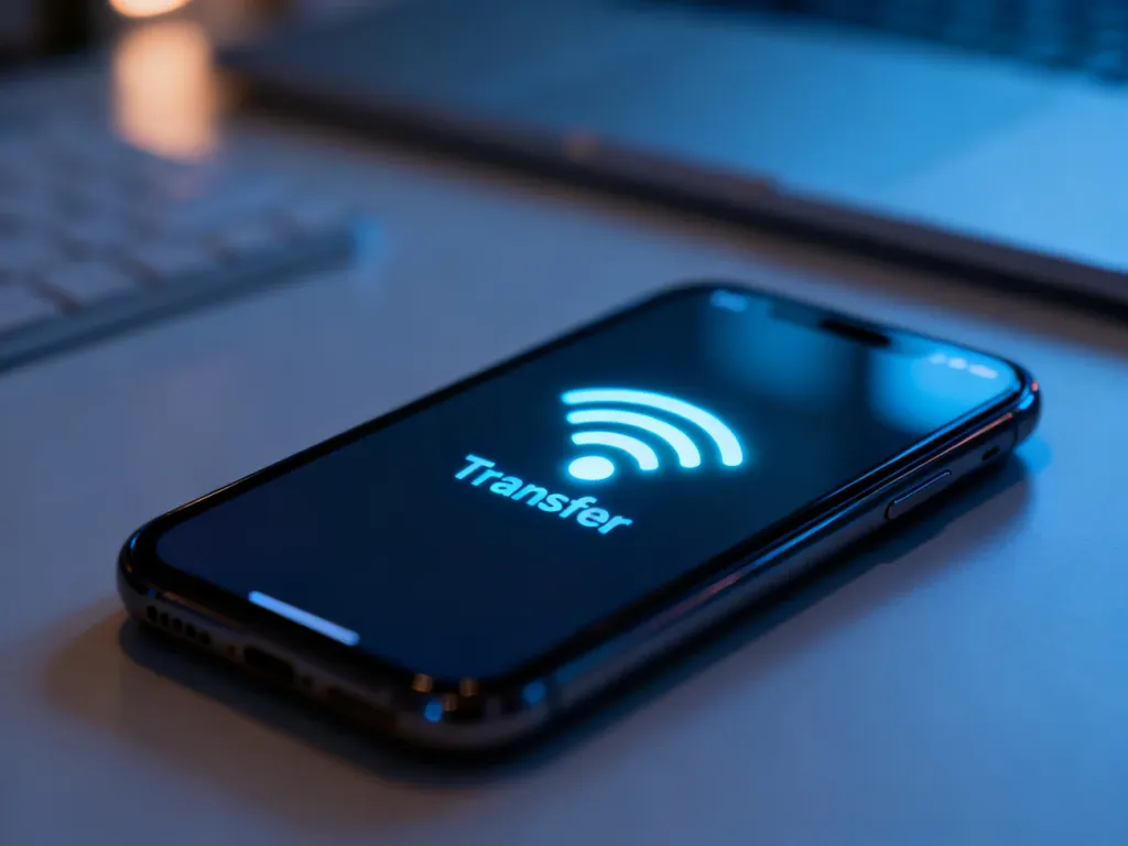 Ekran smartfona z ikoną cyfrowego transferu danych, symbolizujący proces przenoszenia karty eSIM między urządzeniami.