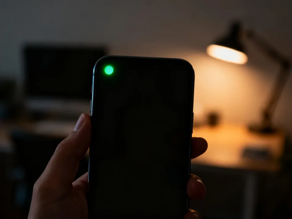 Zbliżenie na ekran smartfona z widoczną zieloną kropką w rogu, sygnalizującą aktywność aparatu lub mikrofonu.