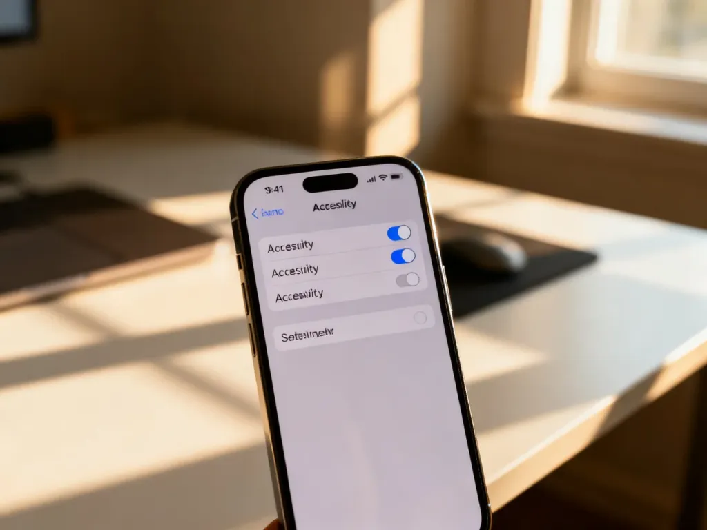 Ekran iPhone'a z otwartym menu ustawień dostępności i podświetlonym przełącznikiem funkcji VoiceOver.