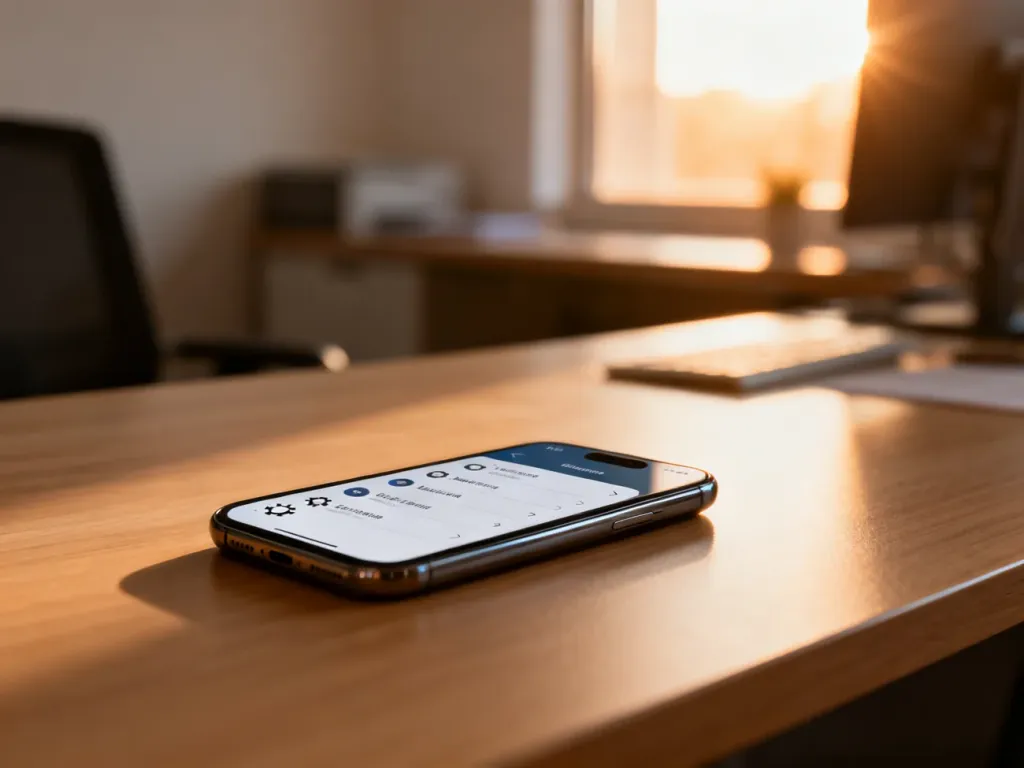 Nowoczesny smartfon z otwartym menu ustawień leżący na drewnianym biurku, gotowy do konfiguracji konta.
