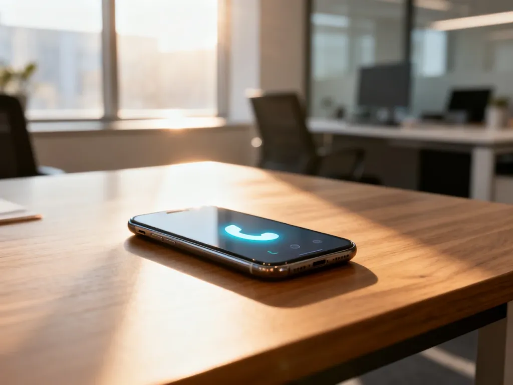 Nowoczesny smartfon z ikoną połączenia na ekranie, leżący na minimalistycznym drewnianym biurku w jasnym biurze.