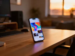 Ikona sklepu Galaxy Store na ekranie smartfona w futurystycznej, neonowej stylistyce z motywem mgławicy.