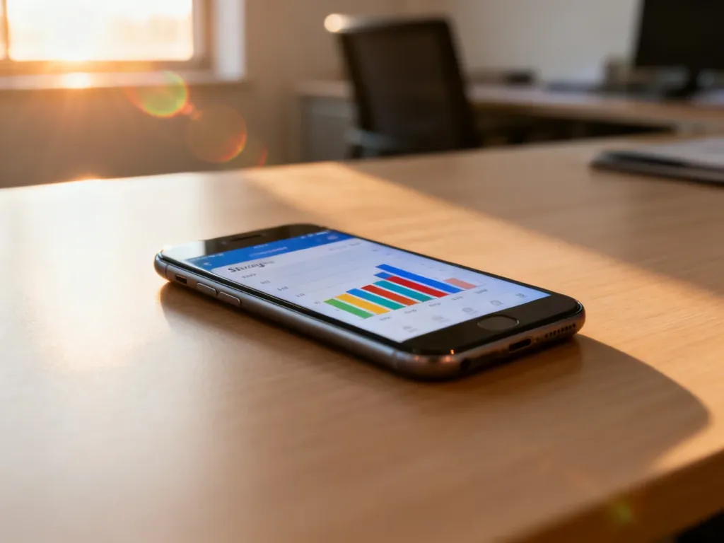Smartfon na drewnianym biurku z wyświetlonym wykresem zużycia pamięci wewnętrznej urządzenia.
