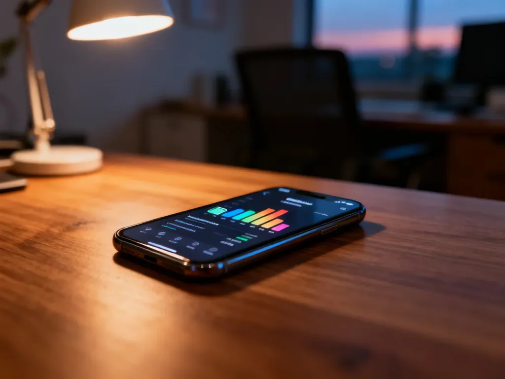 Nowoczesny smartfon leżący na biurku, prezentujący na ekranie szczegółowe statystyki zużycia baterii w formie wykresów.