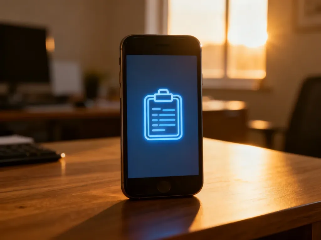 Nowoczesny smartfon z ikoną schowka na ekranie, symbolizujący cyfrowe przechowywanie danych na drewnianym biurku.