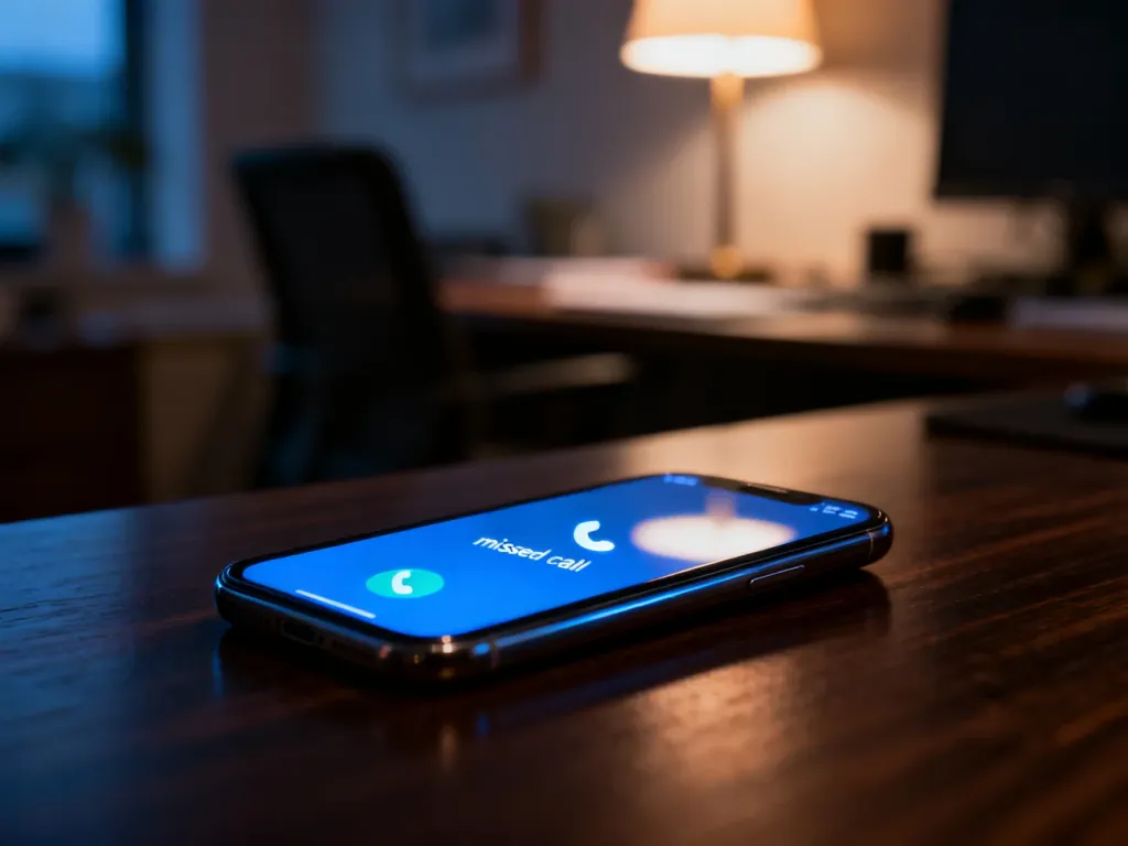 Nowoczesny smartfon z powiadomieniem o nieodebranym połączeniu leżący na biurku w domowym biurze.
