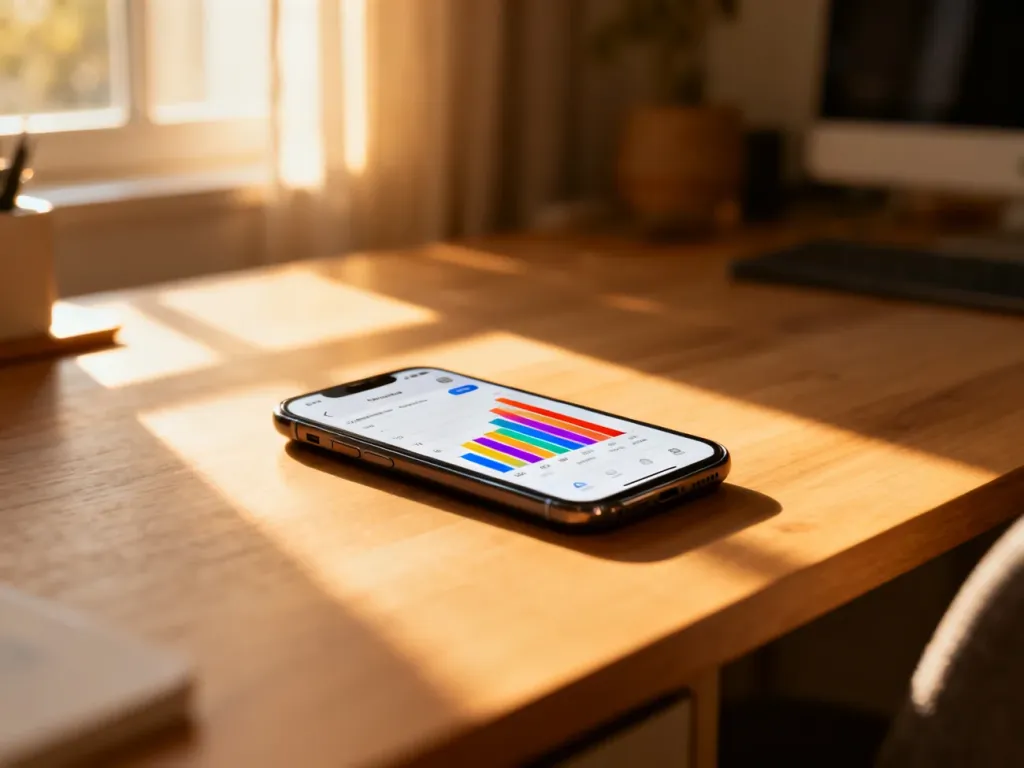 Smartfon z wyświetlonym wykresem aktywności cyfrowej leżący na drewnianym biurku w domowym biurze.