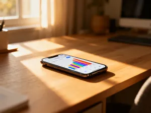 Nowoczesny smartfon na drewnianym biurku z widoczną ikoną trybu samolotowego na ekranie w przytulnym, wieczornym oświetleniu.